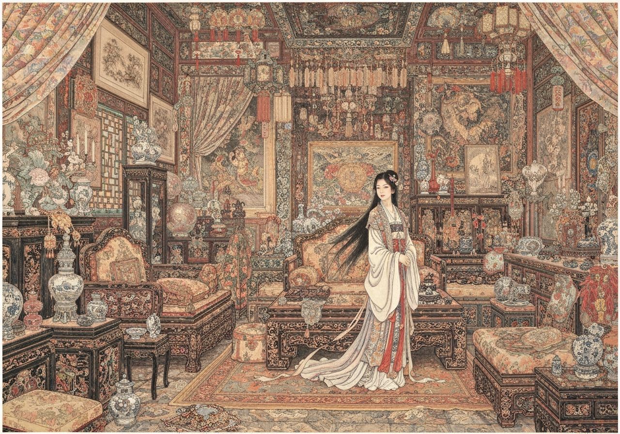 Opulent Room with Woman in Chinese Ink Painting Style
