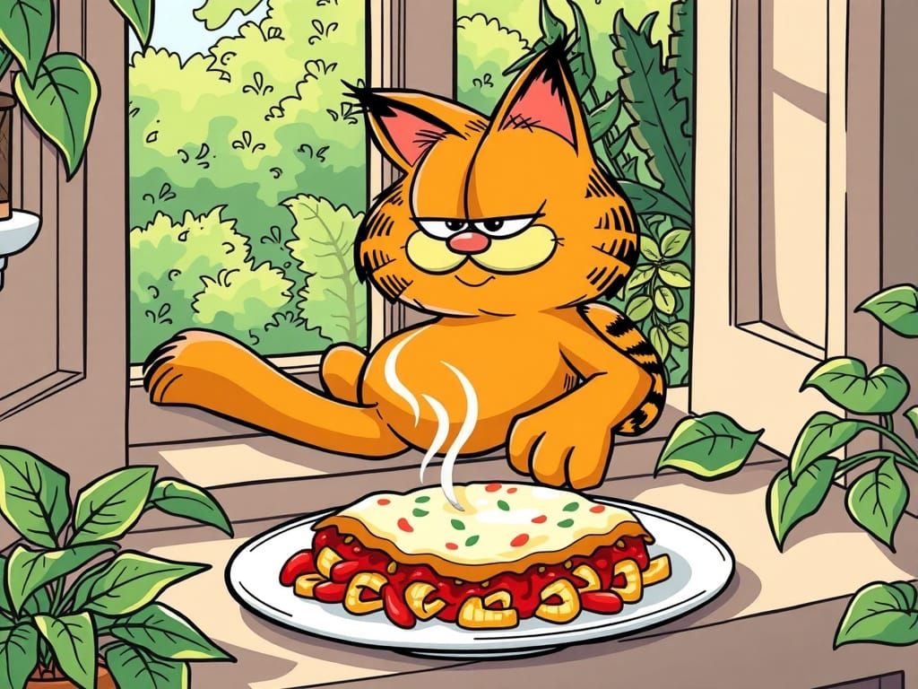 Classic Comic Strip Cat Savoring Lasagna