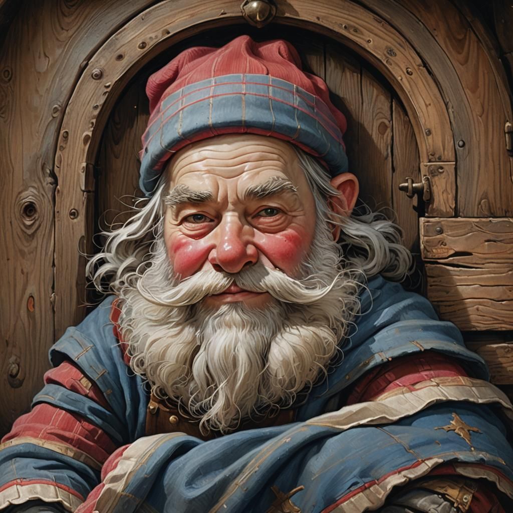 A bizarre digital painting depicts a super cute dwarf sleeping in the cozy interior of a rustic cottage. A dwarf with a ...