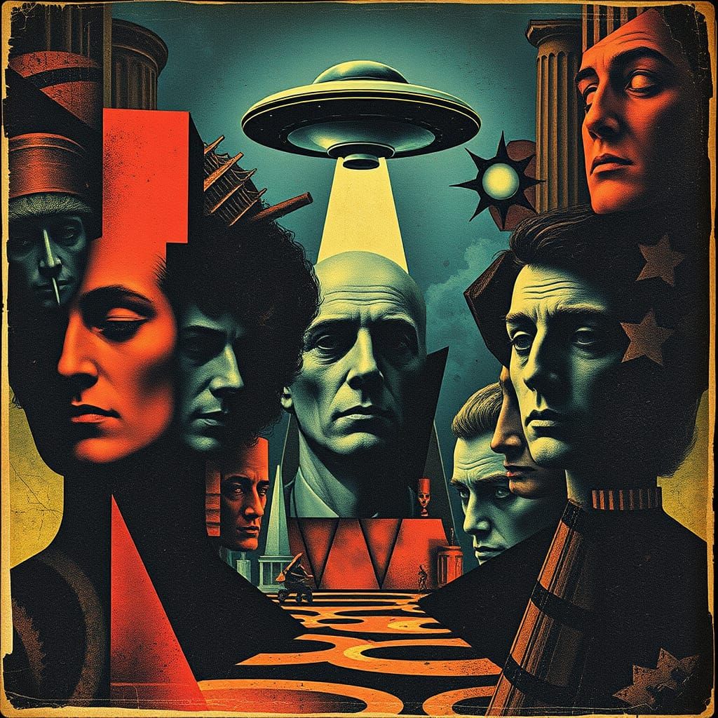 Surreal Noir Collage of Abstract Shapes and Faces