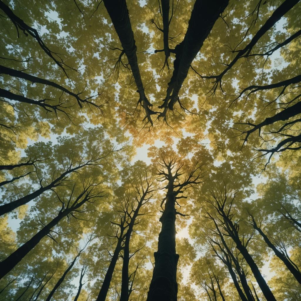 Crown Shyness in Maple Forest: Cinematic Film Still