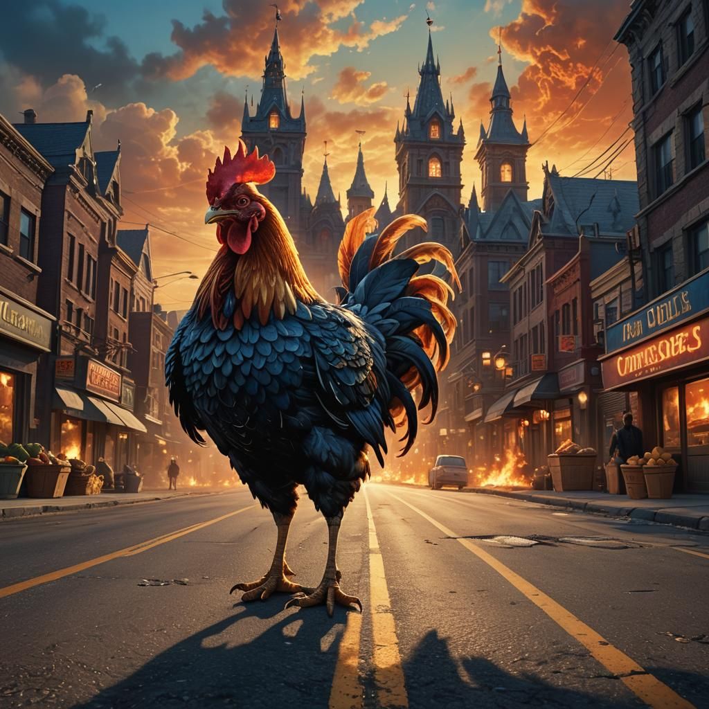 Stylized Chicken Crossing the Road in Fantasy Landscape