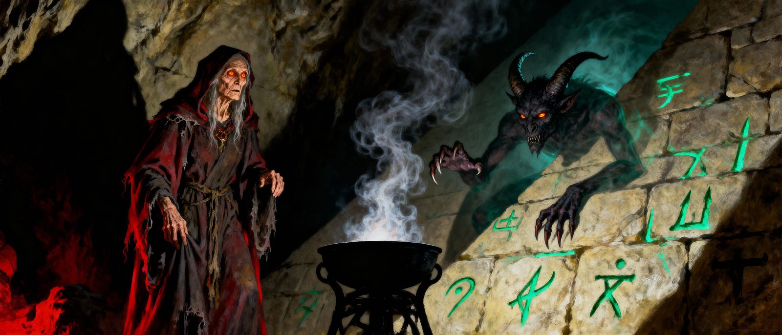 Old Witch Conjures Demon in Dimly Lit Cave