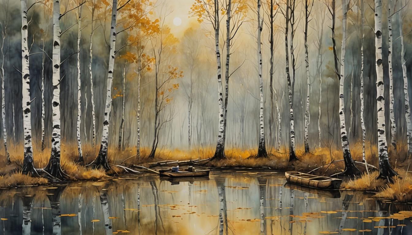 Golden Pond Watercolor Painting with Bioluminescent Flora