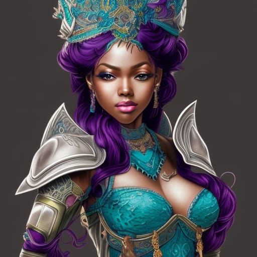 Ornate Black Goddess in Teal Armor: Digital Art