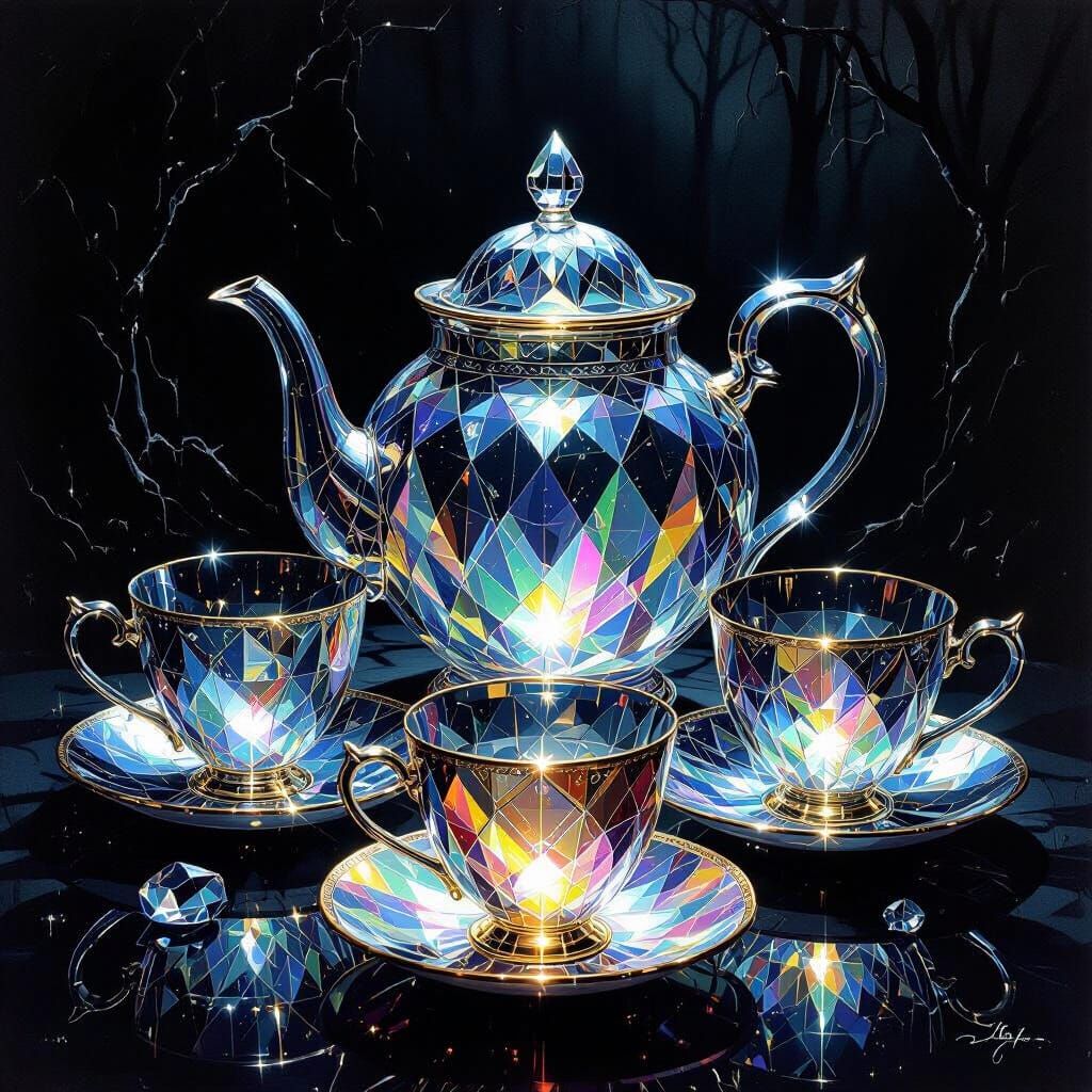 Crystalline Teacups Reflecting Kaleidoscopic Light