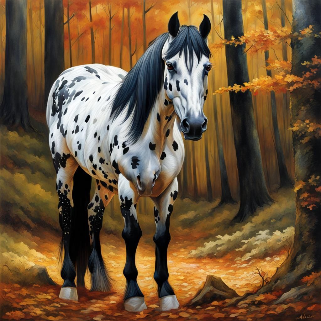 Appaloosa Horse in Autumn Forest, Hyperrealistic Splash Art