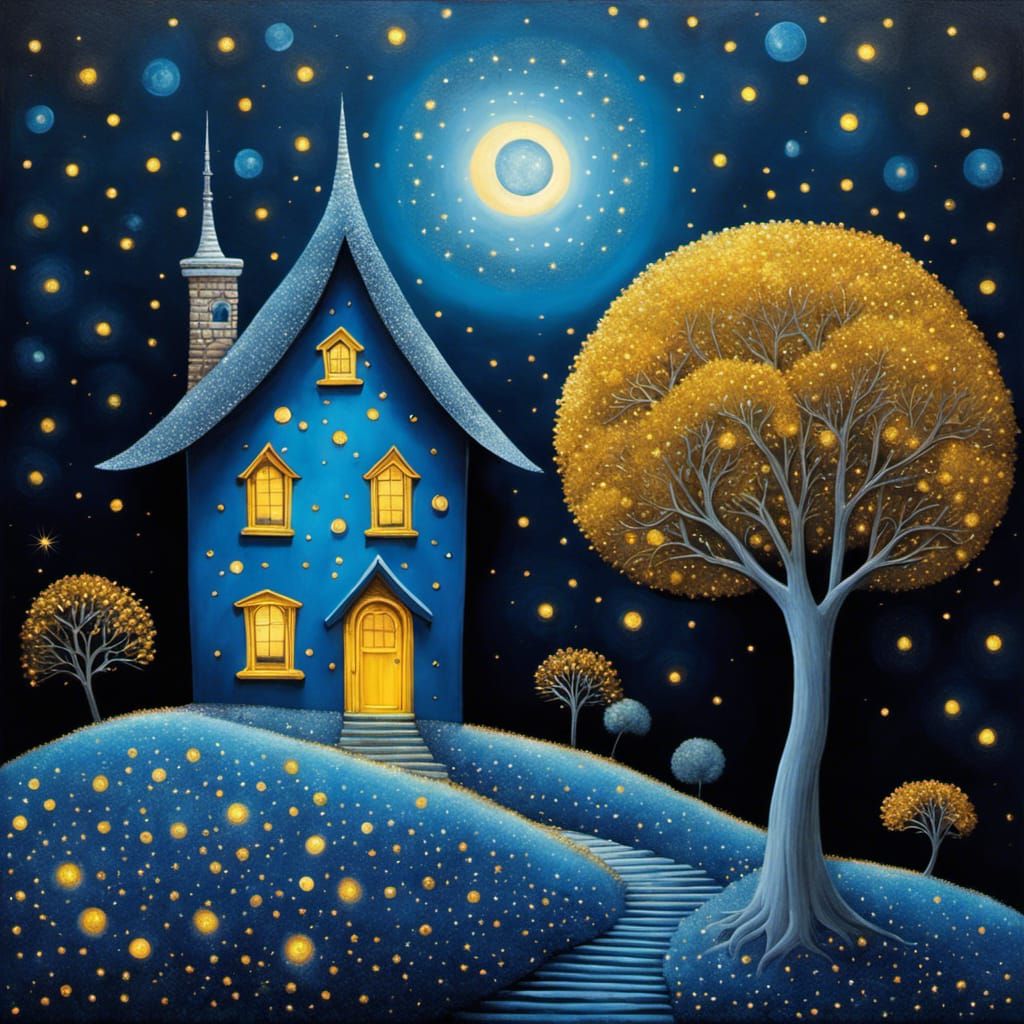 Blue Lunar Landscape with Starry Sky, Surreal Art
