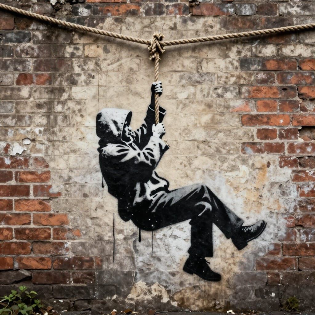 Stencil Art Figure Dangles Defiantly on Rope