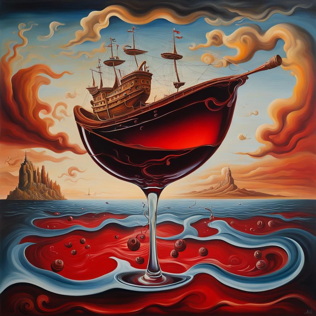 Surreal Ship of Red Wine, Salvador Dali Style