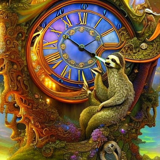 Sloth Stops Time on Epic Clock, Fairytale Art