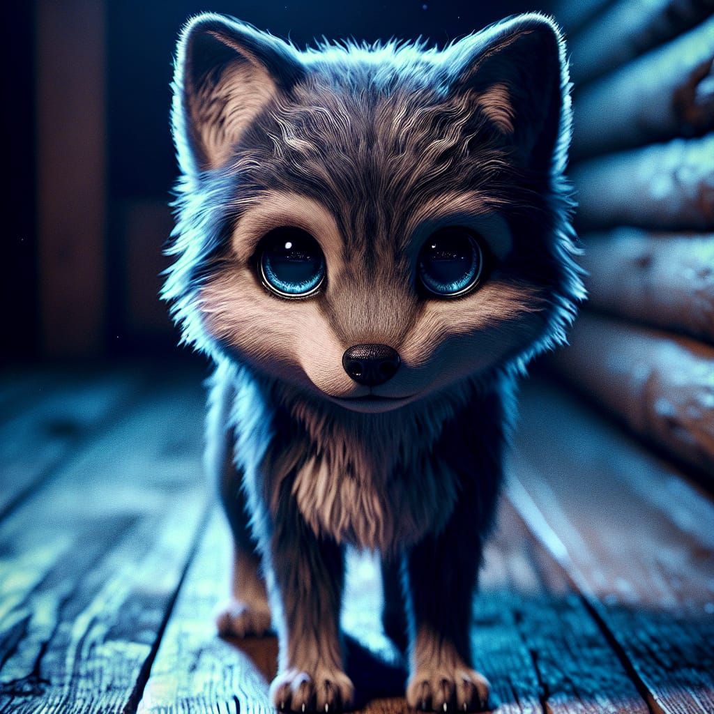 Hyper-Realistic Adorable Wolf with Glistening Blue Eyes