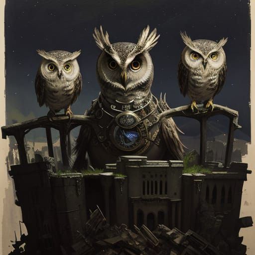 Surreal Dadaist Clockwork Owl Amidst Sunken City Ruins