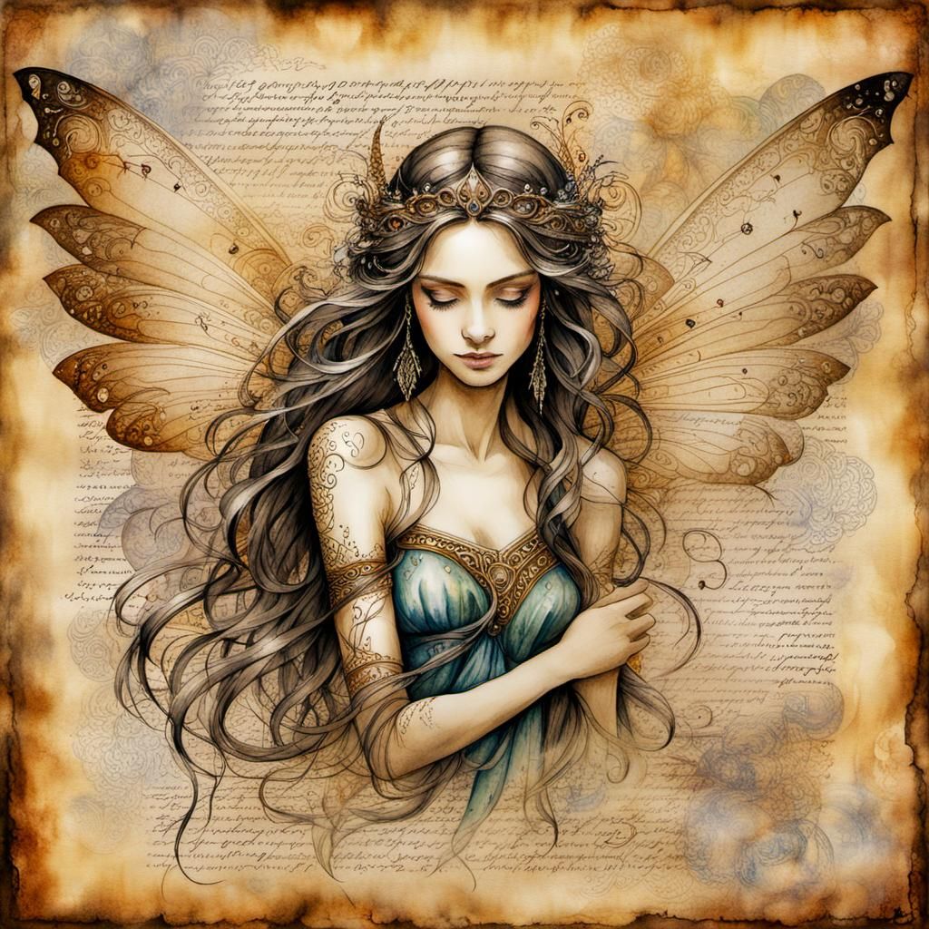 Beautiful Fairy with Calligraphy Wings on Papyrus