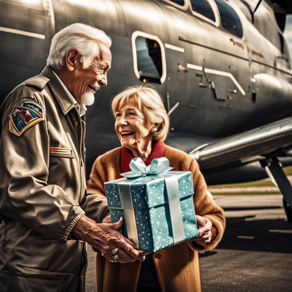 Elderly Woman Gives Gift to Happy Pilot