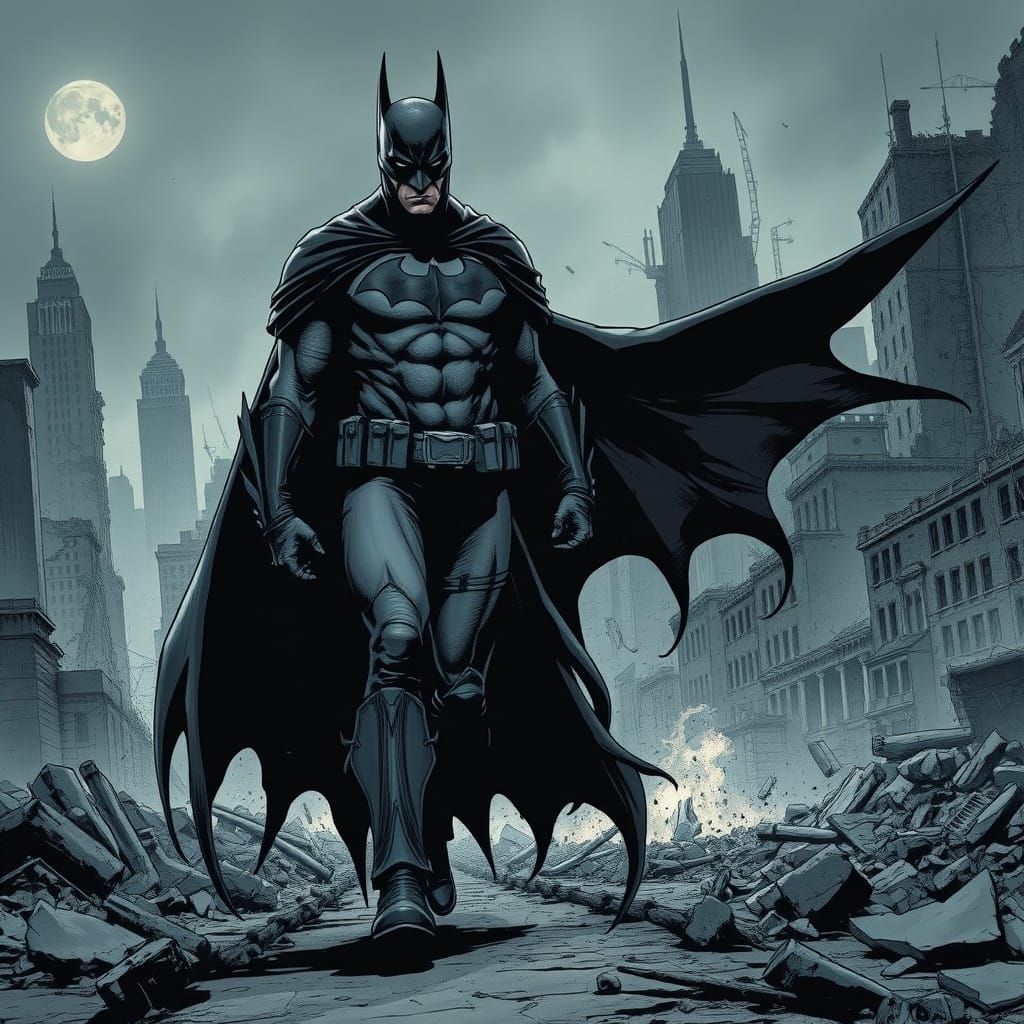 Batman Walks Through a Ruined Gotham City Amidst a Haunting...