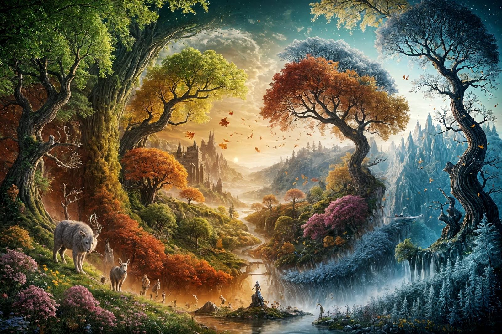 All Seasons Fantasy Landscape in Matte Painting Style