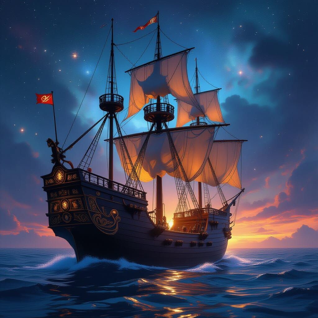 Majestic Galleon Navigates Cosmic Nebula in Art Nouveau Styl...