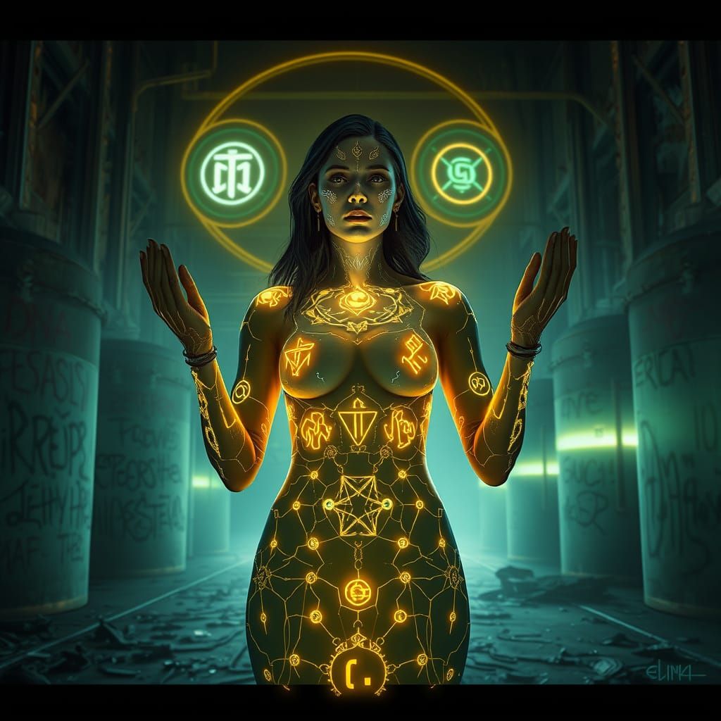 Futuristic Prophetess in Cyberpunk Abandoned Factory