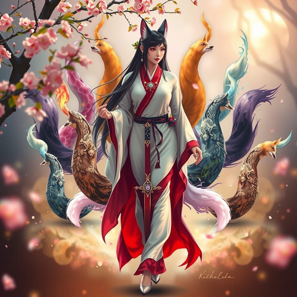 Ethereal Kitsune Goddess in Vibrant Kimono, Glinting Katana,...