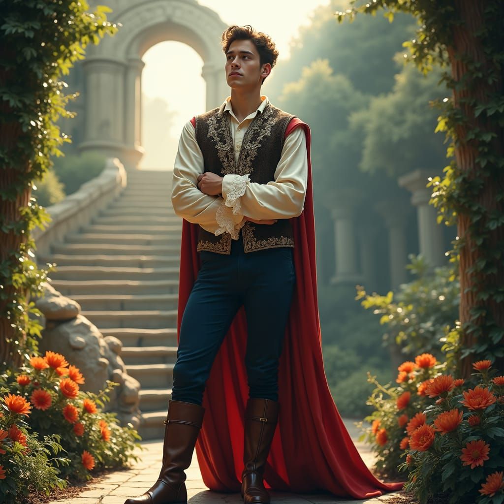 Renaissance Man Waiting in Dreamlike Garden