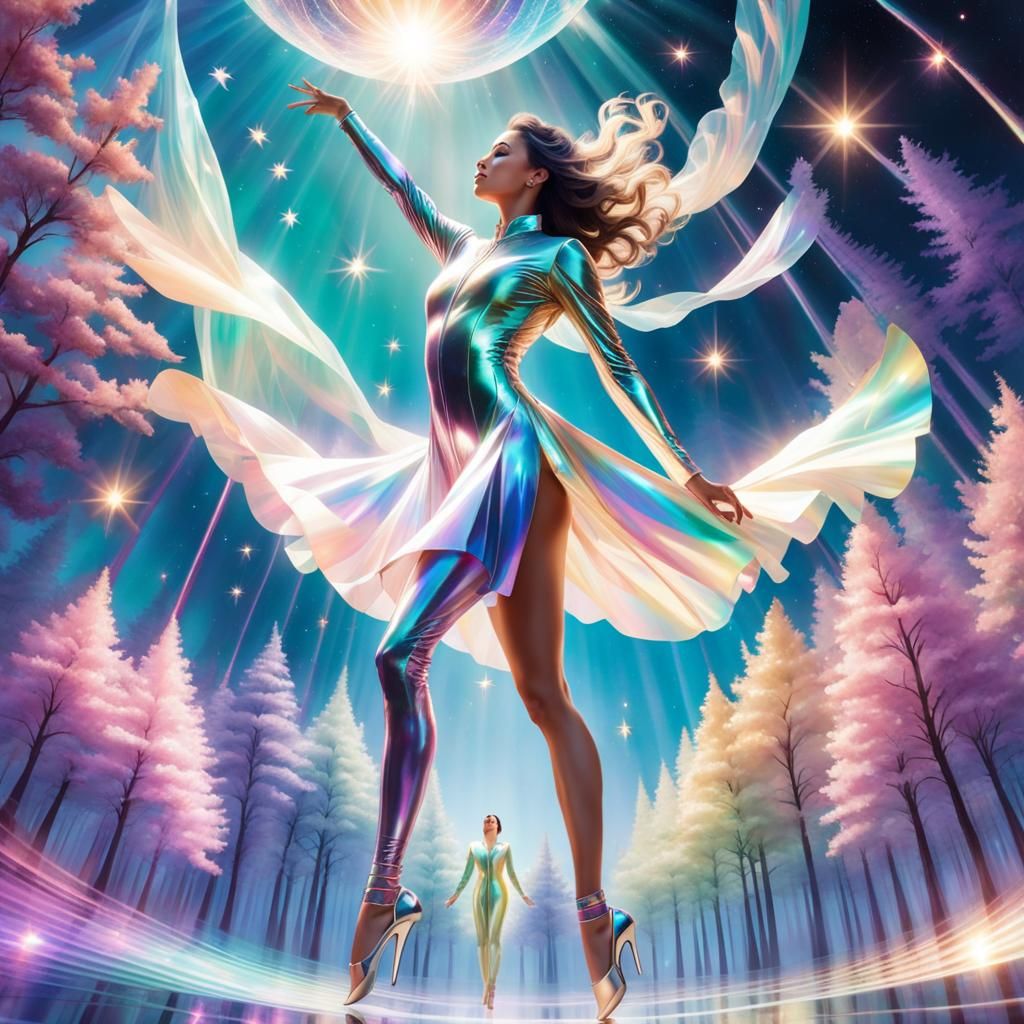 Airborne Ice Skater in Holographic Dreamscape