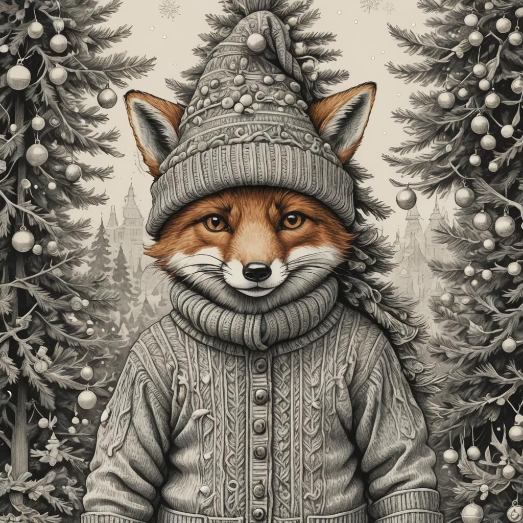 Festive Christmas Fox in Cartoon Style