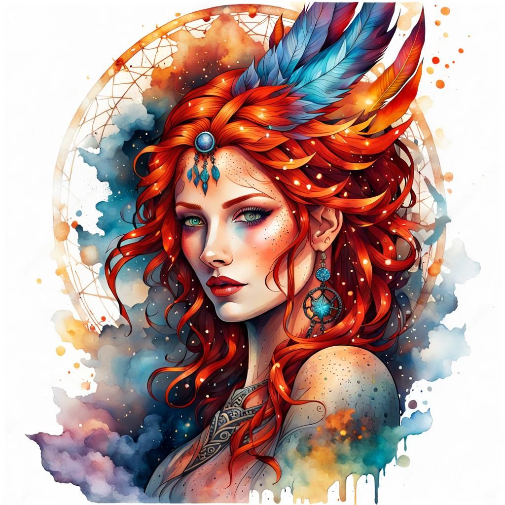 Fantasy Sorceress Portrait with Dream Catcher, Mixed Media