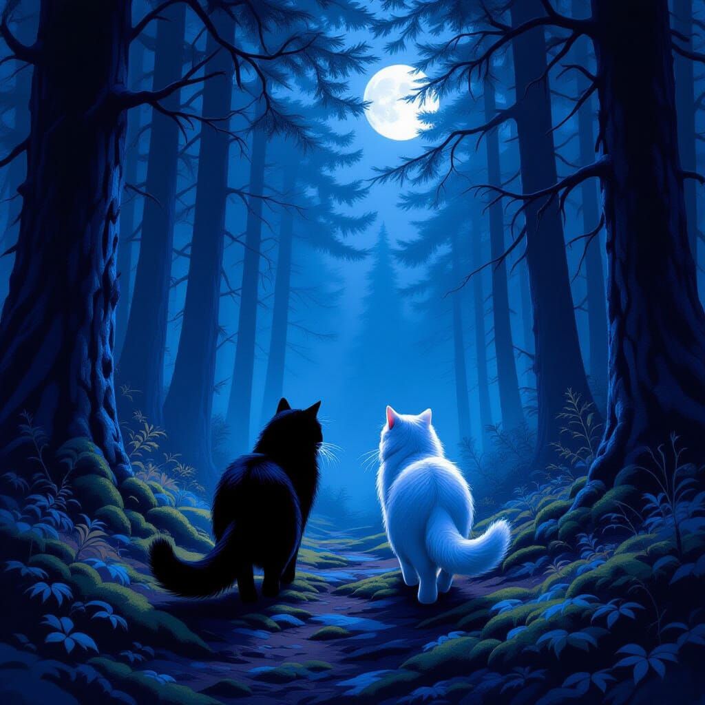 Cats in Enchanted Pine Forest at Dusk