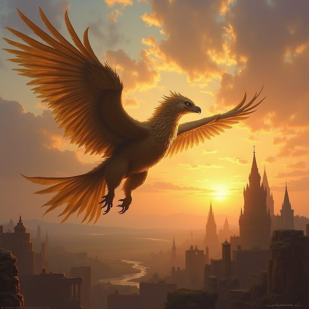 Griffin Soaring Through Sunset, Oil Painting Style