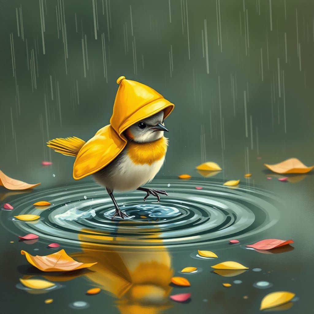 Whimsical Bird in Rainy Landscape