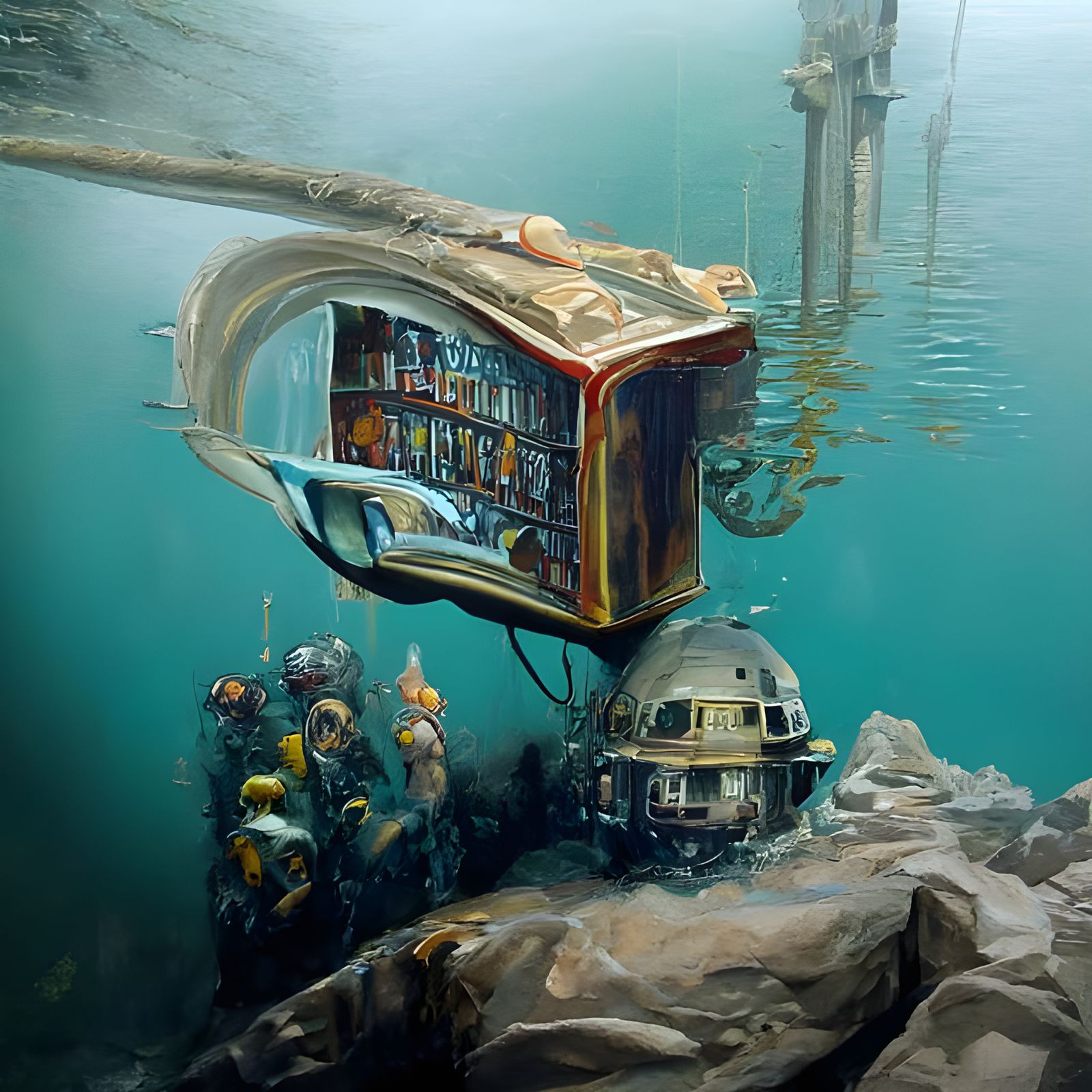 Underwater Library in Hyperrealist Painting Style