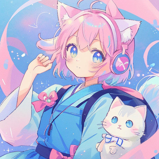 Iridescent Anime Girl Listens to Music with Whimsical Cat Ea...