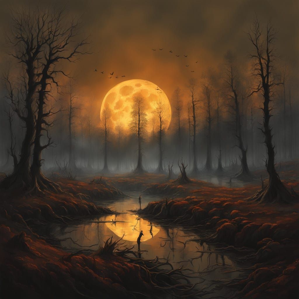 Misty Night Scene with Bonfire and Dancing Witches in Sepia....