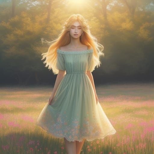 Ethereal Woman in Sun-Drenched Meadow Painting