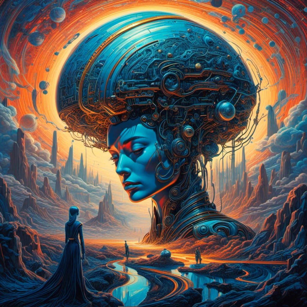 Retro Neon Sci-Fi Brain Illustration in Cyberpunk Style