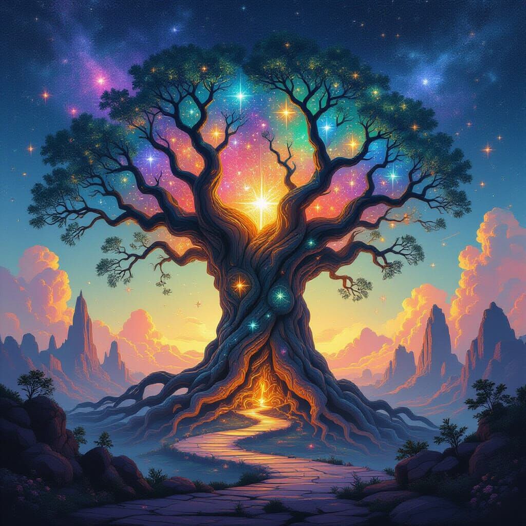 Ancient Cosmic Tree City in Surreal Oil Painting Style
