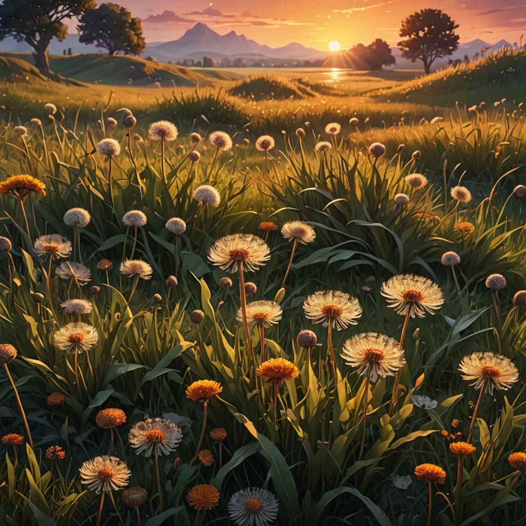 Dandelions at Sunset: Fantasy Landscape Art
