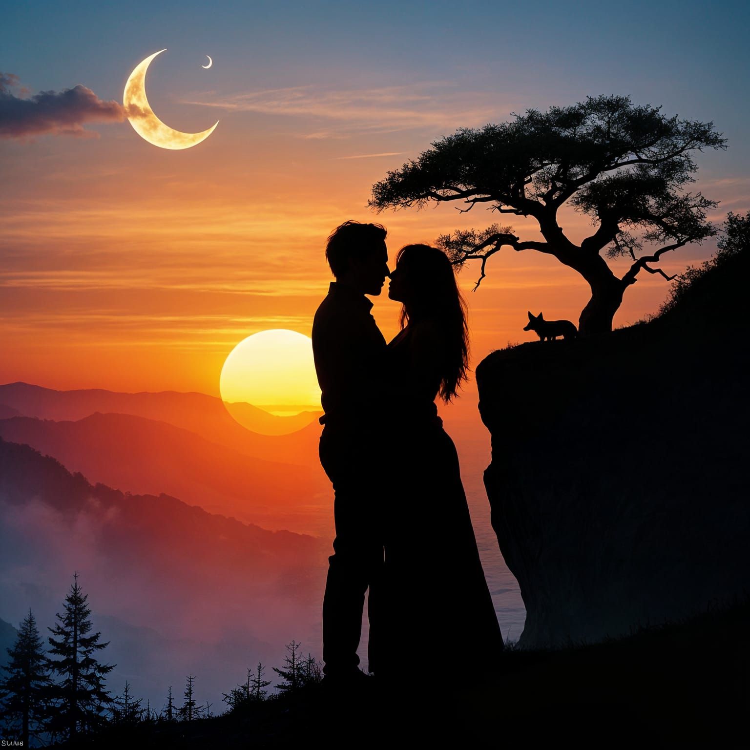 Silhouette Artwork: Intimate Embrace under Vibrant Sunset