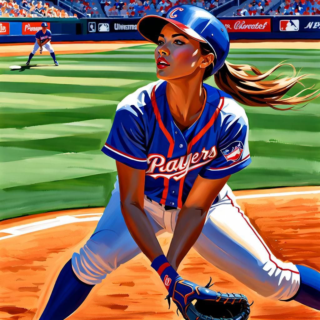 Intense Women's Baseball Game in Gouache Style