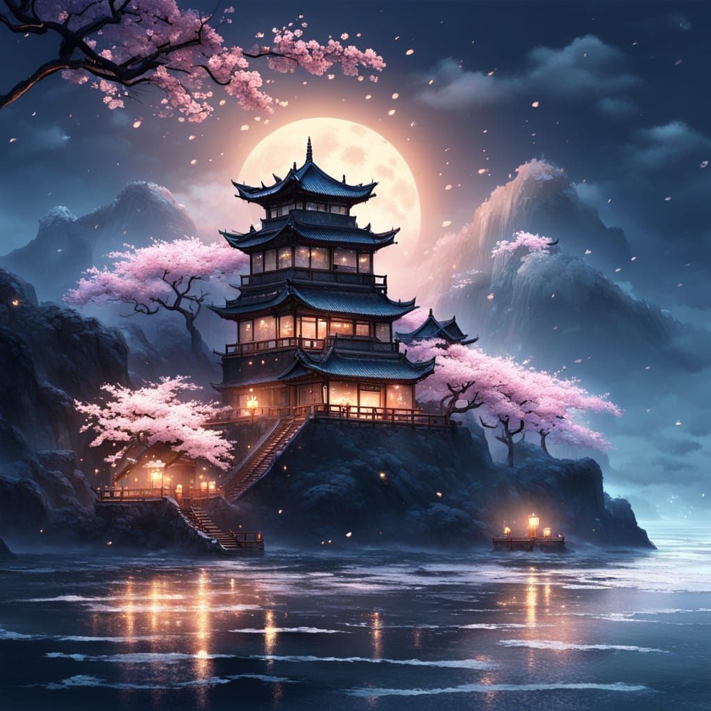Ethereal Chinese Castle Under Sakura Blooms at Dusk