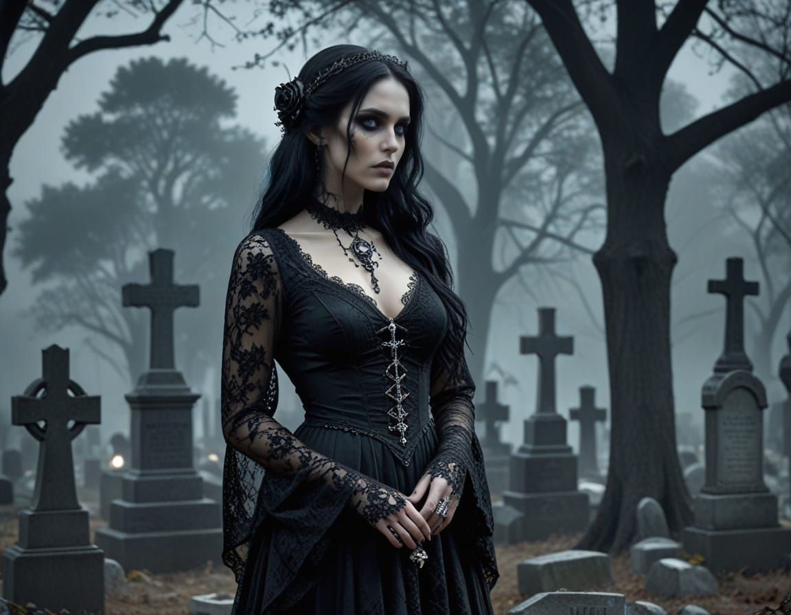 Mysterious Gothic Woman in Moonlit Graveyard