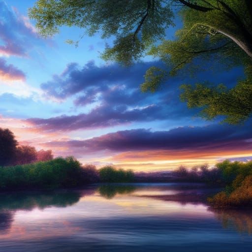 Dramatic River Scene at Sunrise in Detailed Matte Painting