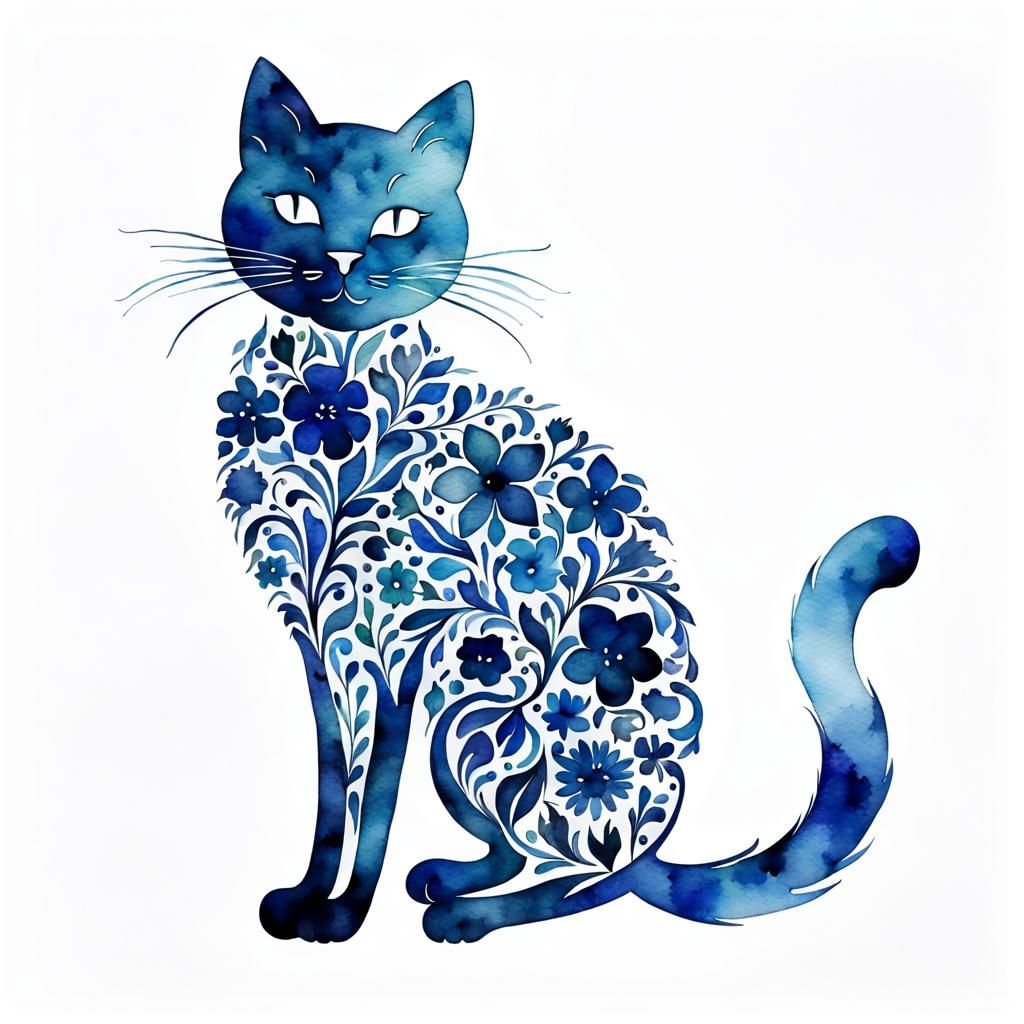 Blue Floral Cat Silhouette in Watercolor Style