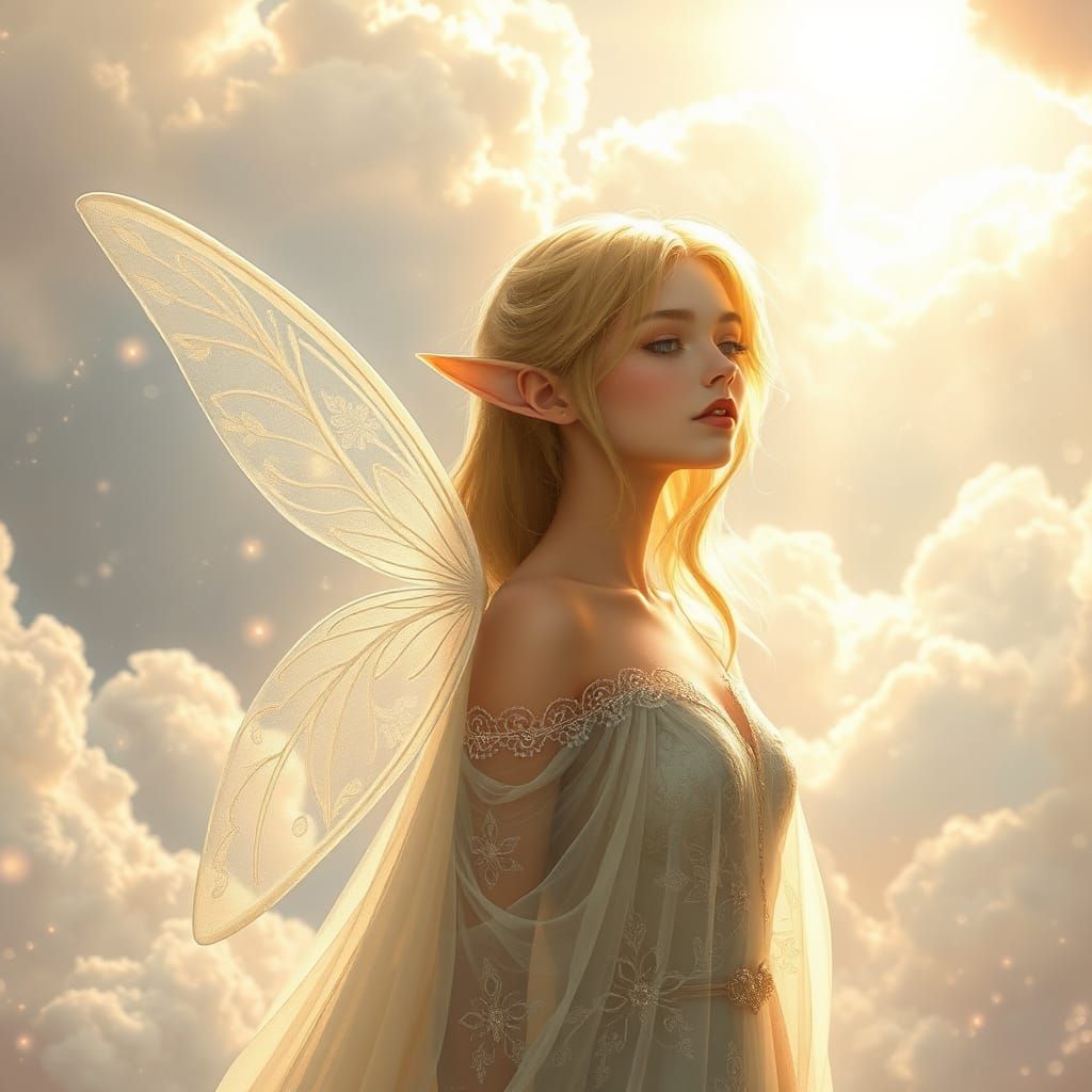 Ethereal Elf in Divine Light, Art Nouveau Style