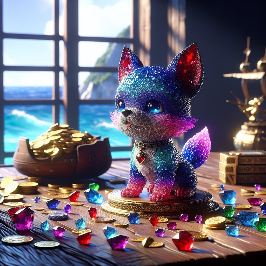 Chibi Gem Wolf Statue on Mahogany Table