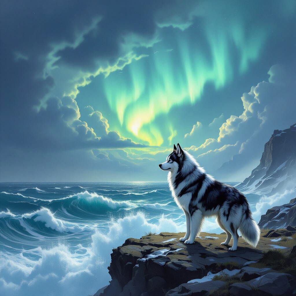 Majestic Husky Amidst Aurora and Stormy Seas