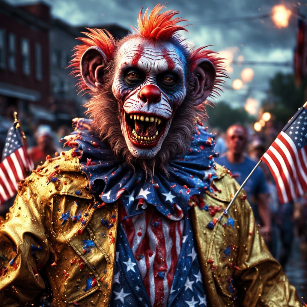Zombie Monkey Clown in Rainy Fourth of July Parade