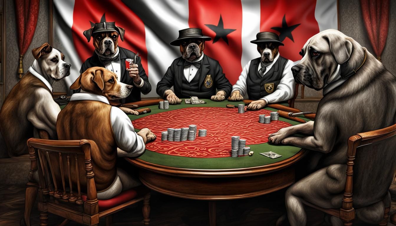 Albanian Dogs Play Poker in Hyperrealistic Bar Scene