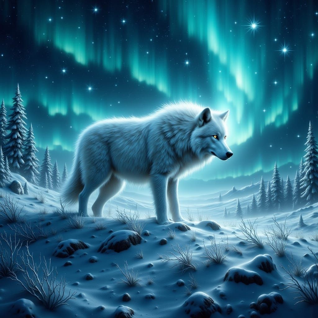 White Dire Wolf Under Aurora Borealis